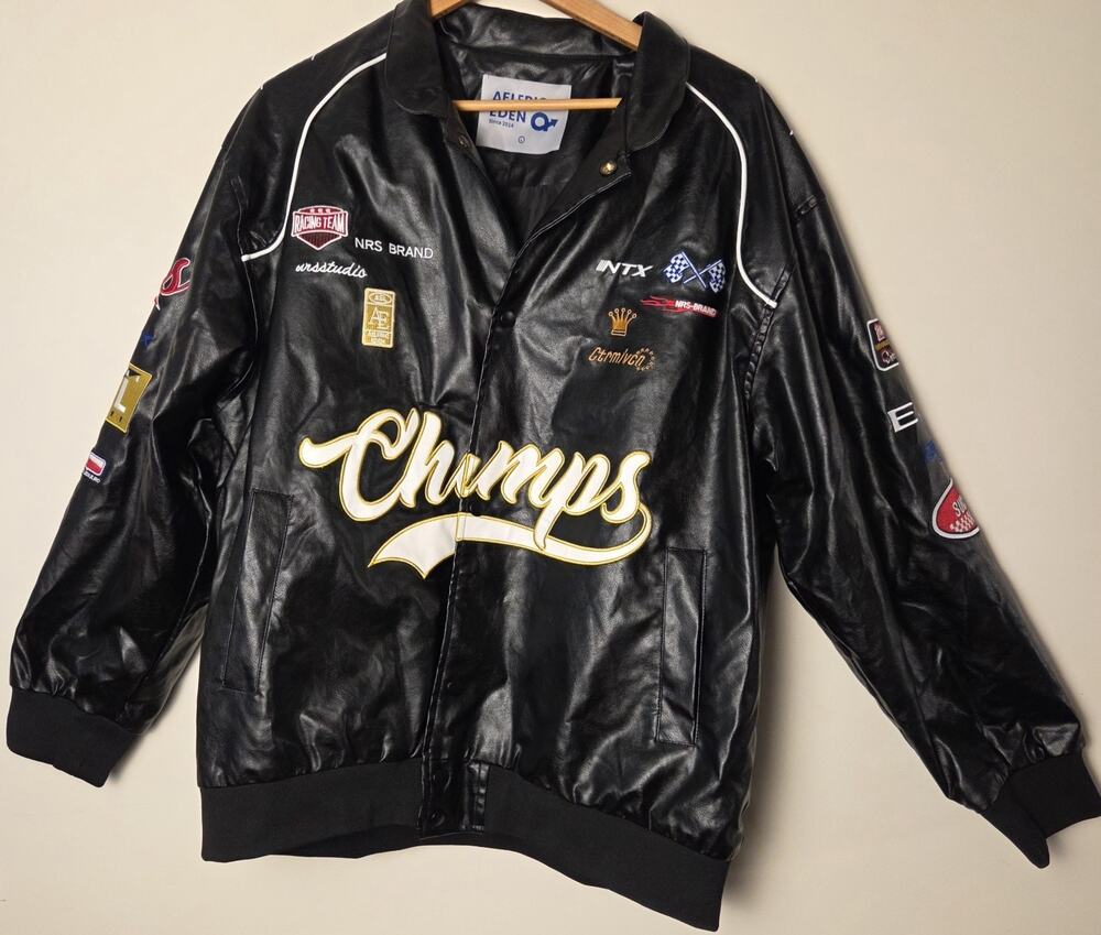 Aelfric Eden Men's L Champs Racing Faux Leather Bomber Jacket Black Streetwear